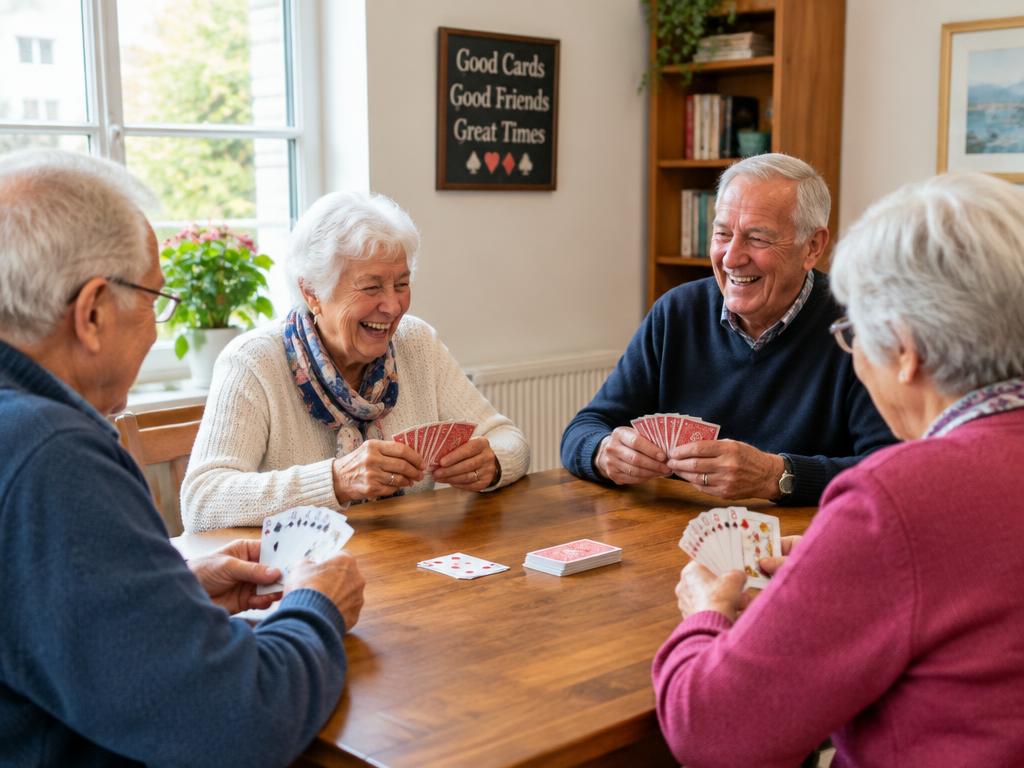 Four friends laughing over a game of cards at a wooden table