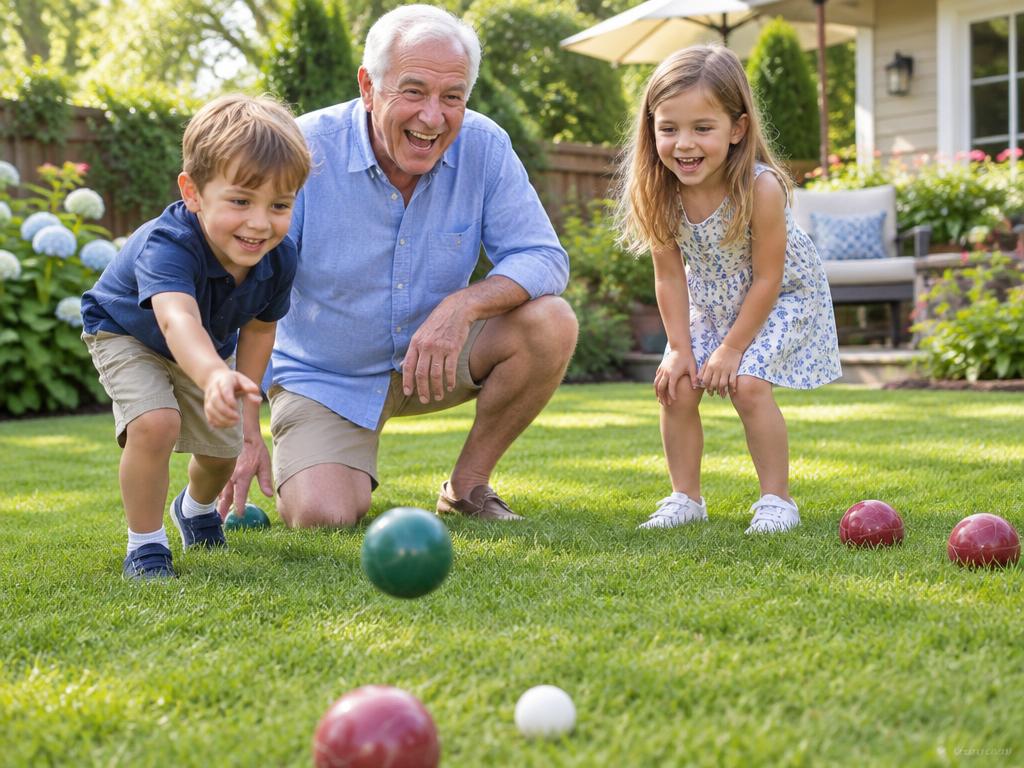 A grandfather playing bocce on the lawn with his two grandchildren