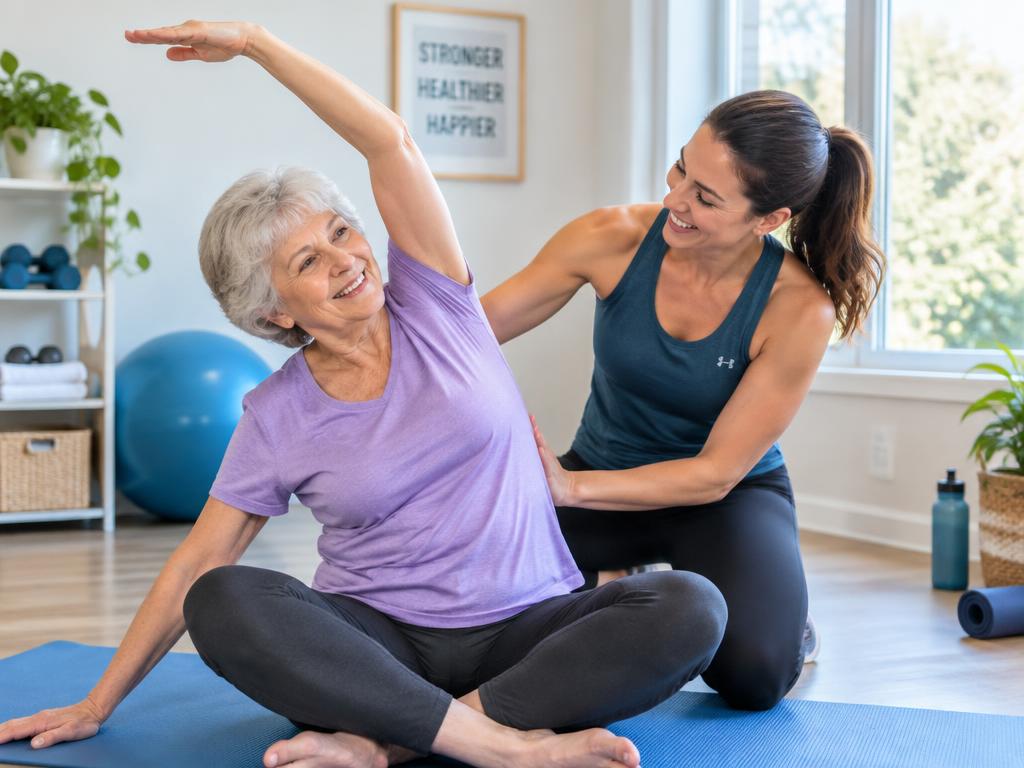 A senior woman stretching with a friendly personal trainer
