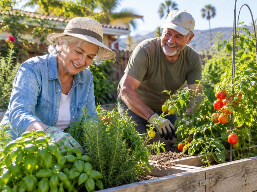 Two seniors tending tomatoes and herbs in a raised garden bed