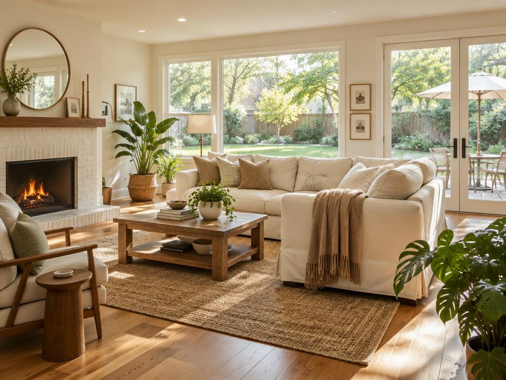 A bright, cozy living room with large windows looking onto a green backyard