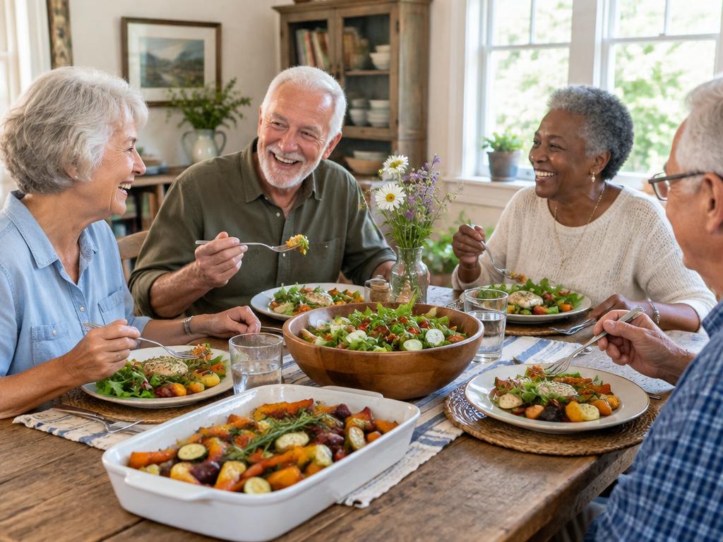 Friends sharing a fresh, colorful home-cooked meal around a farmhouse table