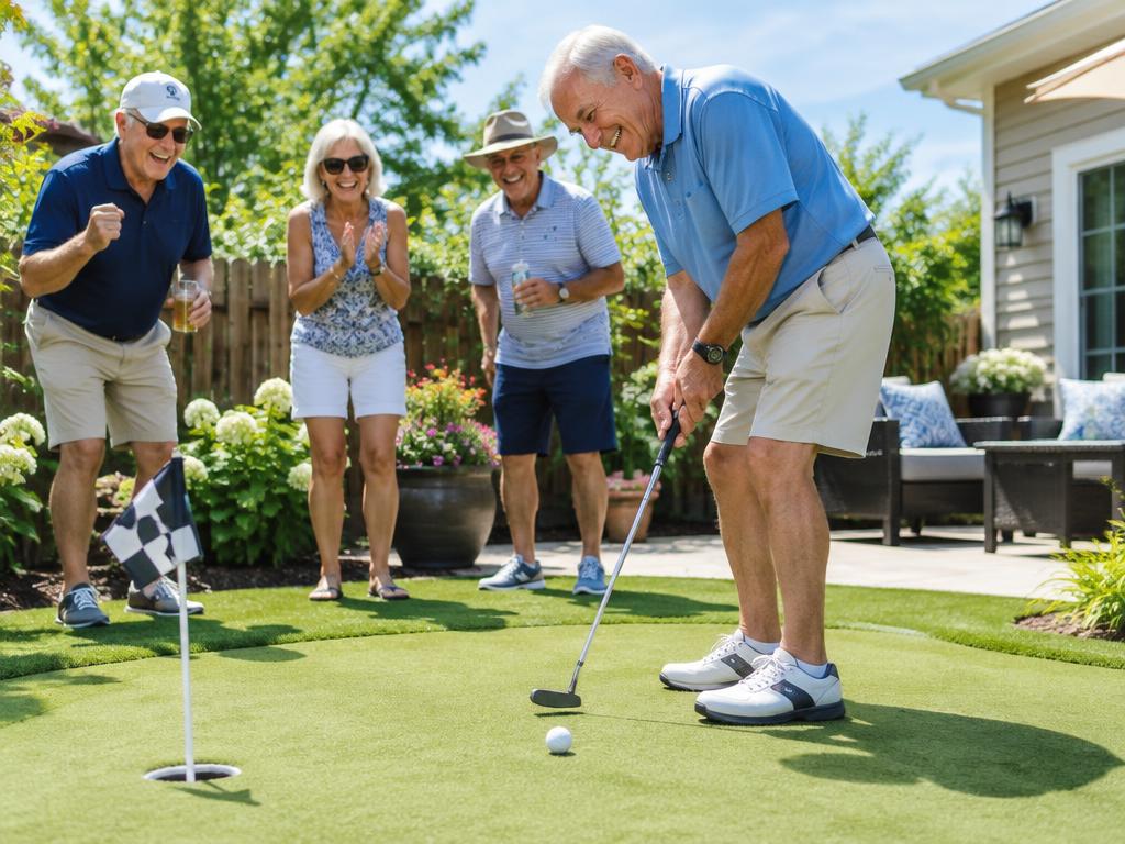 A senior man sinking a putt on a backyard putting green while friends cheer